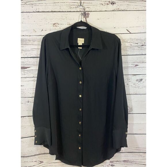 Chico’s Black Drape Blouse with Gold Accents Size Medium/2 - Picture 1 of 5